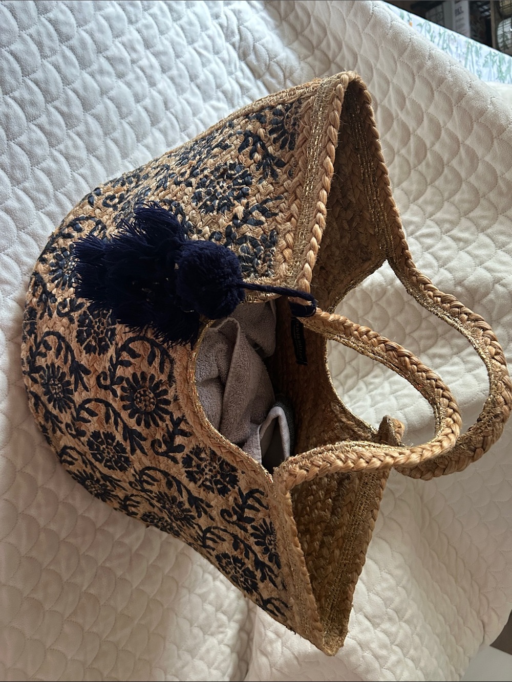 Olivia Miller Natural Straw/Jute  Tote with Navy Floral Print and Tassels LARGE